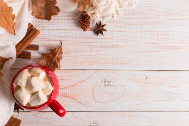 Bir eşarp arka plan üzerinde kakao ve marshmallow ile kırmızı kupa 