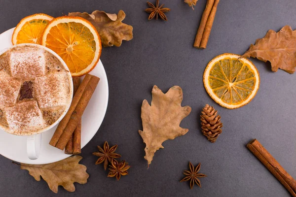 Taza de café con malvaviscos y cacao, hojas, naranjas secas, canela y anís estrellado, fondo de piedra gris. Sabrosa bebida caliente de otoño. Copiar espacio . —  Fotos de Stock