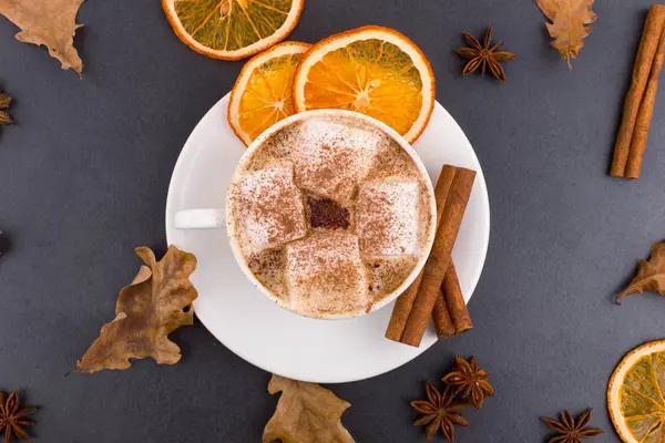 Taza de café con malvaviscos y cacao, hojas, naranjas secas, canela y anís estrellado, fondo de piedra gris. Sabrosa bebida caliente de otoño. Copiar espacio . —  Fotos de Stock