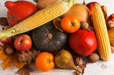 Farklı sebze kabak, elma, armut, fındık, mısır, domates, beyaz ahşap arka plan üzerinde kuru sarı yaprakları. Sonbahar Hasat kavramı, kopya alanı.