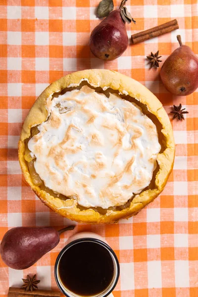 Pear Pie Cream Homemade Pastries Table Orange Napkin Coffee Spices — Stock Photo, Image