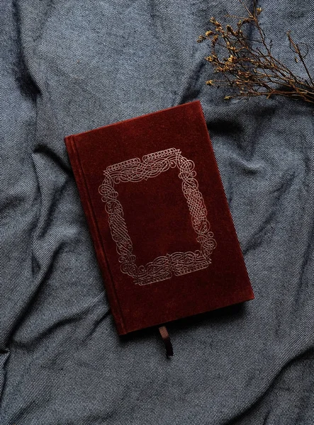 Old Book Cover Red Canvas Embossed Golden Abstract Decorations Copy — Stock Photo, Image