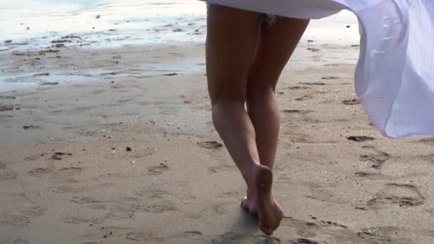 幸せな気分で海海に向かって実行している若い女性の低角度のビュー — ストック動画
