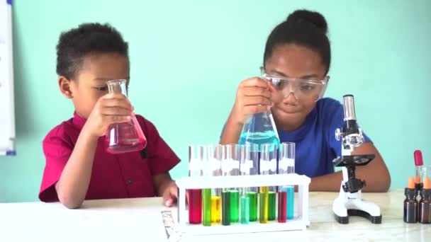 Twee Afro-Amerikaanse Mixed Kids testing chemie lab experiment — Stockvideo