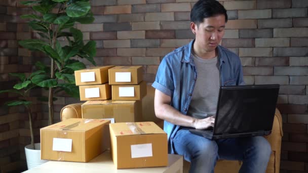 Asian male business entrepreneur using laptop with packs of boxes at home — Stock Video