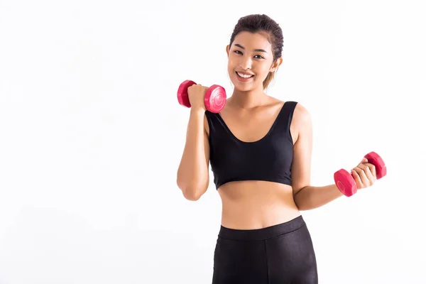 Alegre entrenamiento femenino con pesas — Foto de Stock