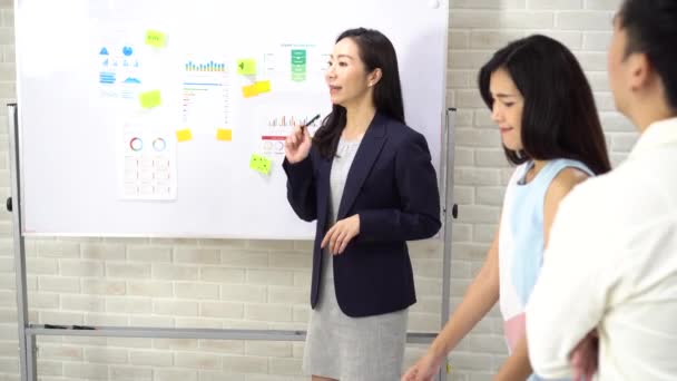 Довірлива азіатська бізнесменка проводить презентацію для колег. — стокове відео