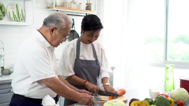 Senior pareja casada asiática cocinando comida en casa de la cocina. Mayores de 70 años hombre y mujer preparando ingredientes en el mostrador de la cocina juntos. — Vídeos de Stock