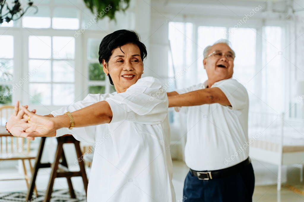 Happy ethnic senior couple dancing at home
