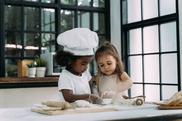 Diverse group of African American and Caucasian girls prepare the dough and bake cookies in the kitchen