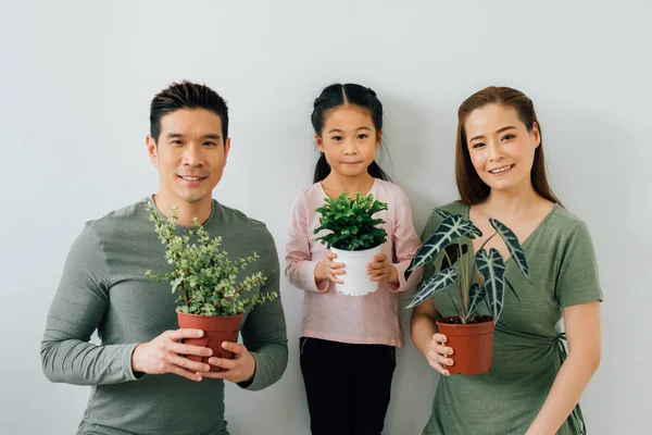Retrato de una joven familia asiática sosteniendo plantas —  Fotos de Stock