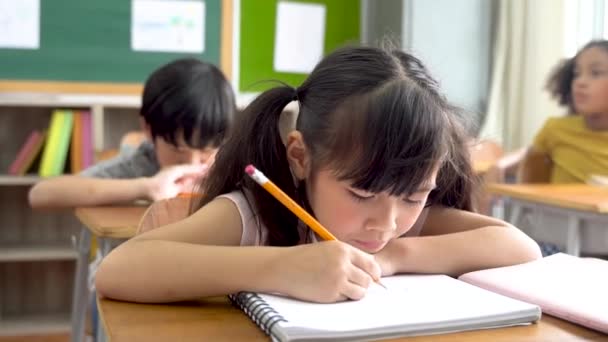 학교에 앉아 연필로 책을 쓰고, 공부하고, 교육하고, 배우는 여학생. 반에 있는 아시아인 아이들 입니다. 학생의 다양성 — 비디오