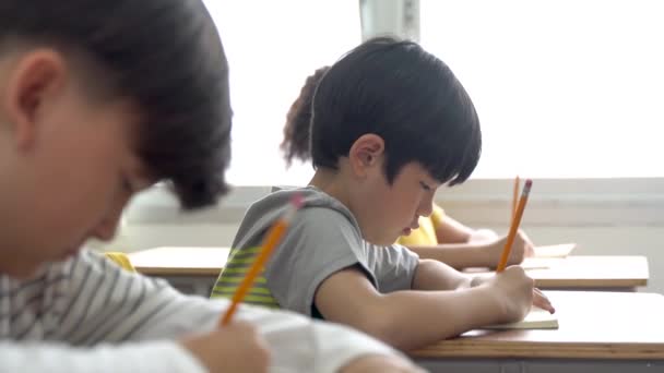 Άνδρες και γυναίκες μαθητές κάθονται στο γραφείο στην τάξη γράφοντας στο σημειωματάριο. Αγόρι και κορίτσι στην στοιχειώδη ηλικία — Αρχείο Βίντεο
