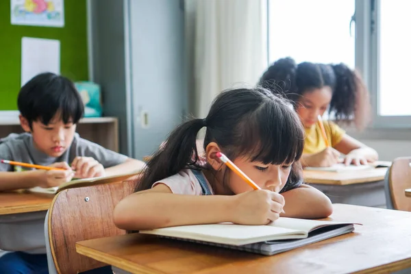在校女生坐在学校写书用铅笔，学习，教育，学习。班里的亚洲孩子学生多样性 — 图库照片