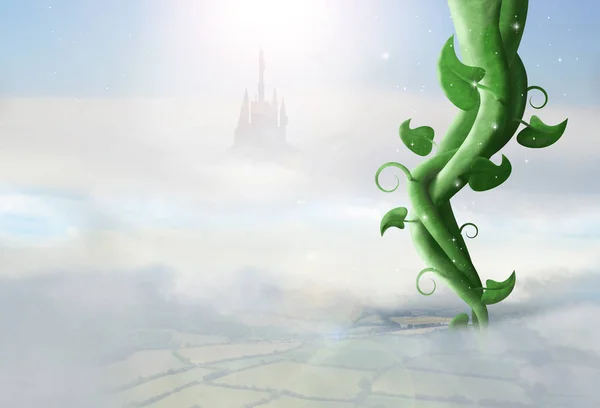 闪闪发光的神奇豆茎上升通过云与城堡的背景 — 图库照片