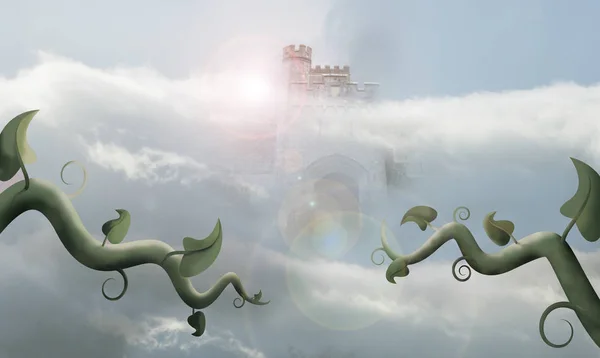 Beanstallk Mgic Przebijając Się Przez Chmury Zamkiem Tle — Zdjęcie stockowe