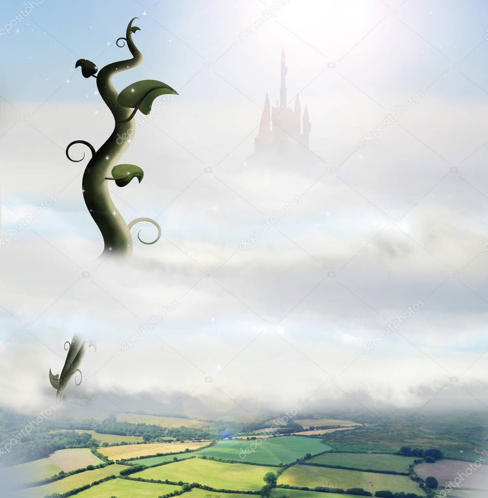 giant beanstalk rising into clouds with countryside below and castle in background