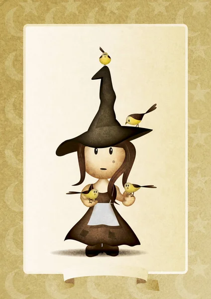 Cute Little Witch Ptakami Obraz Stockowy