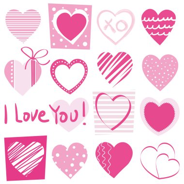 Sevgililer günü el çizilmiş pembe noktalı ve çizgili kalpler koleksiyon desen ben ile tipografi beyaz arka plan üzerinde seviyorum