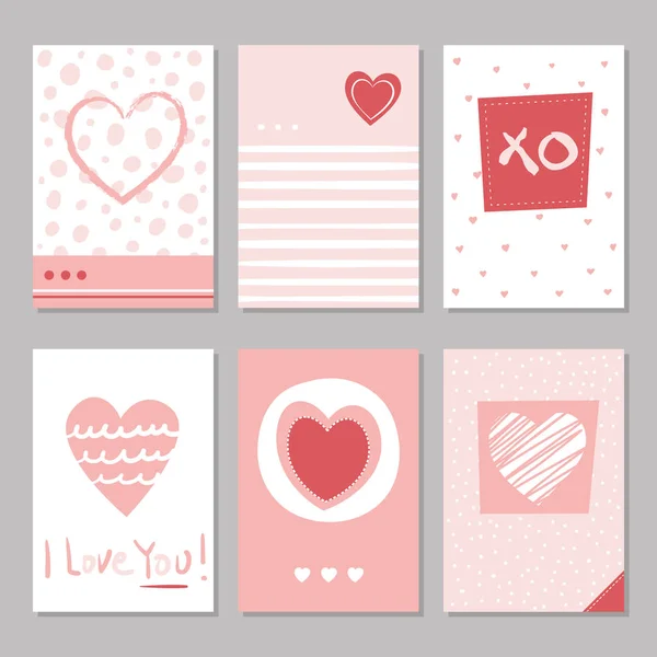Valentines Main Dessinée Rouge Blanc Pointillé Rayé Coeur Collection Cartes — Image vectorielle