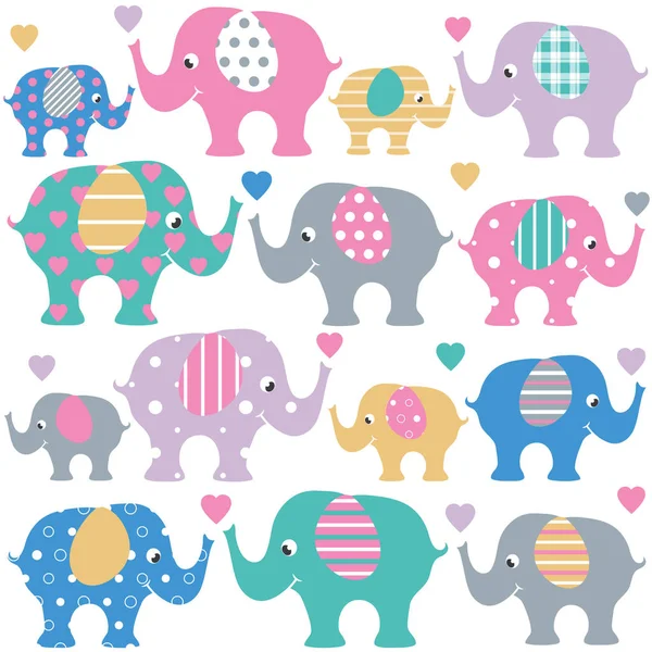 핑크의 귀여운 파란색과 보라색 베이비 스트라이프 바탕에 화려한 코끼리 — 스톡 벡터