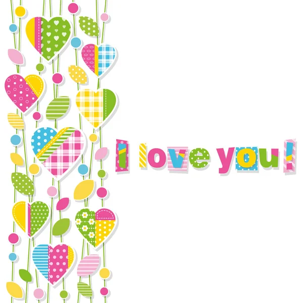 Cute Colorful Hearts Leaves Dots Branches Border Love You Typography — Stock Vector