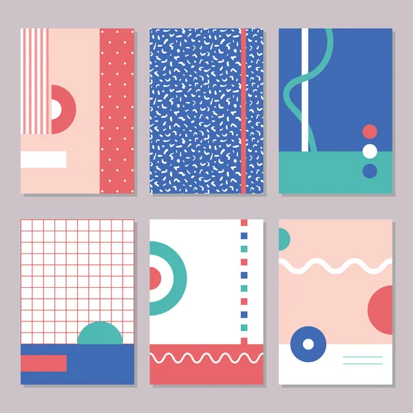 Altı kırmızı, yeşil ve mavi Memphis tarzı geometrik desenler, dekoratif soyut desenler, daire, dikdörtgen ve zig zag hatlarında, kartpostallar, soyut sanat poster, dizüstü bilgisayar veya sabit kapaklar