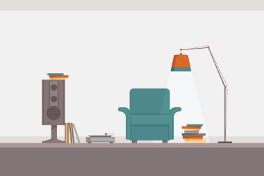 dinleme ve okuma, bir sandalye, lamba, kitaplar, kayıtlar, hoparlör ve bir gramofon müzik için bir nokta gösterimi iç tasarım