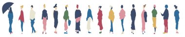Group of female silhouettes in colorful fashionable clothes isolated on white background clipart