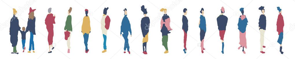Group of female silhouettes in colorful fashionable clothes isolated on white background