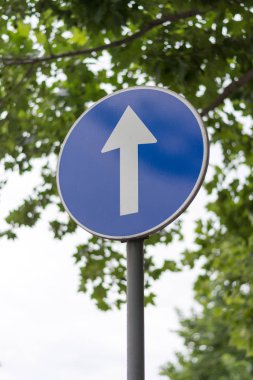 Düz yön yeşil ağaçlar ve gri bulutlu gökyüzü bokeh arka plan karşı, bir şehir caddesi üzerinde tek yönlü mavi sokak işareti izin