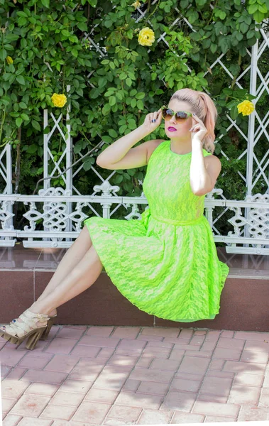 Helle Frau Der Hecke Gelber Rosen Schöne Helle Frauen Thema — Stockfoto