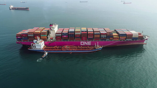 Nakhodka. Russia - July 23, 2018: Bunkering tanker Ostrov Sakhalin a large container ship ONE Competence.