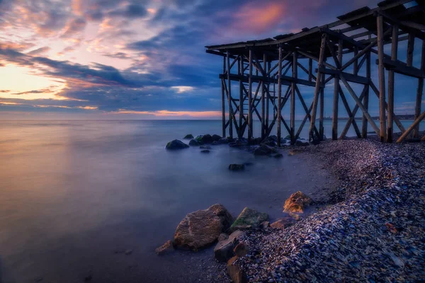 Beautiful Long Exposure Shot Sunrise Sunset Black Sea Wooden Pontoon — Stock Photo, Image