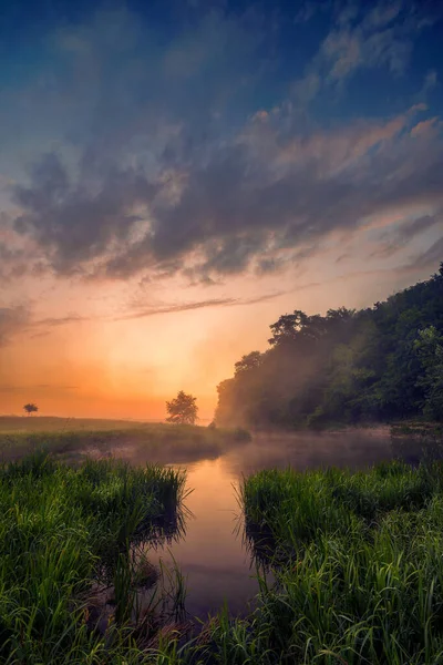 Piękny Poranek Nad Rzeką Meander Naturalnym Krajobrazie Mgłą Parą Wschodzie — Zdjęcie stockowe