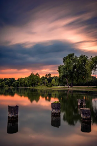 Longa Exposição Noite Tiro Pôr Sol Lago Parque Com Tocos — Fotografia de Stock