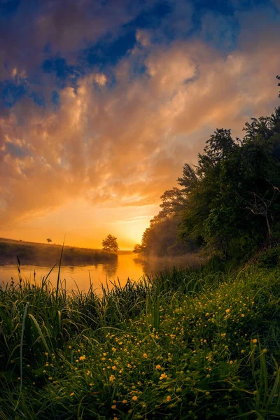 Piękny Poranek Nad Rzeką Meander Naturalnym Krajobrazie Mgłą Parą Wschodzie — Zdjęcie stockowe