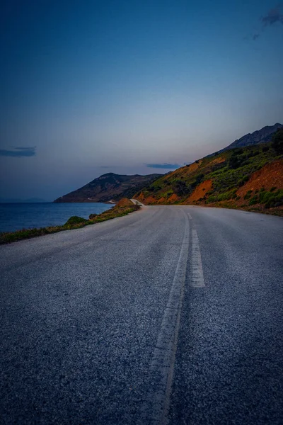 Empty Road Island Samothrace Greece Sunrise Sea Side Big Hills — Stock Photo, Image
