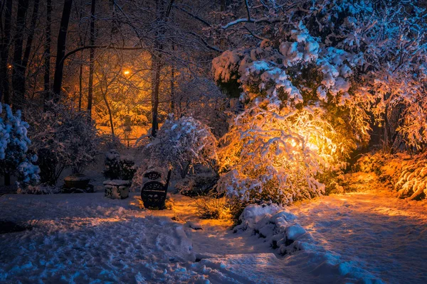 Schöne Winterszene Mit Viel Schnee Und Einer Bank Einer Stillen — Stockfoto