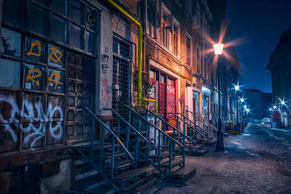 Beautiful Old Alley Downtown Bucharest Old Buildings Shot Night Well — Stock Photo, Image