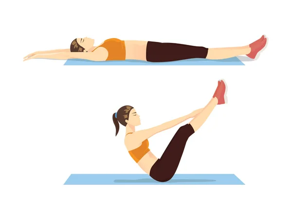 Mujer Mostrando Paso Entrenamiento Abdominal Con Ejercicios Ups Ilustración Sobre — Vector de stock