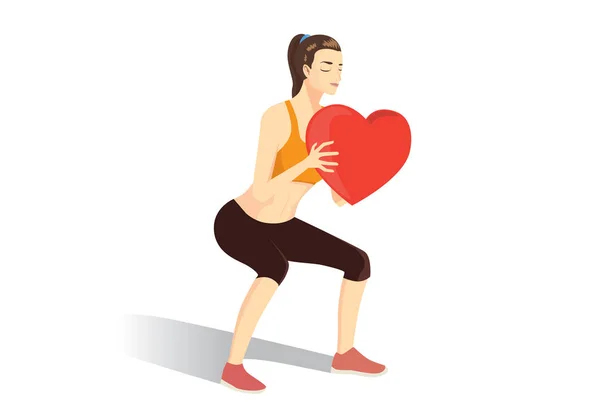 Женщина Держит Сердце Попробуйте Делать Упражнения Корточки Иллюстрация Сильных Кардио — стоковый вектор