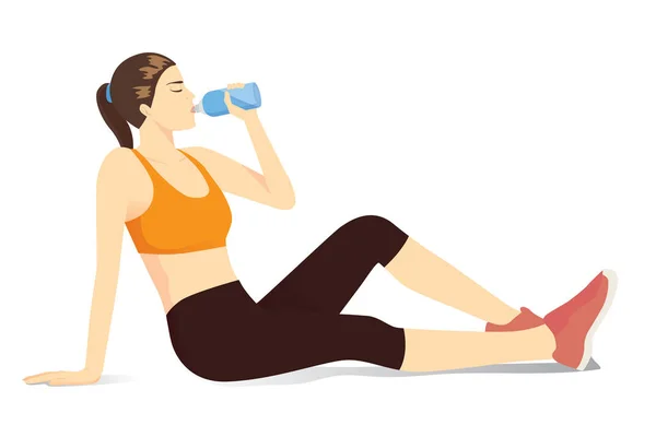 Sport Woman Sitting Floor Drinking Water Bottle Illustration Benefit Water — Stock Vector