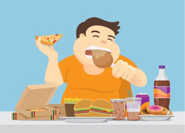 Şişman adam zevk bir sürü lokanta masanın üzerinde. Resimde overeating hakkında.