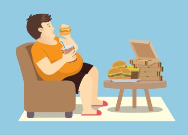 Masanın üzerinde birçok lokanta ile overeating şişman adam. Tıkınırcasına yeme hakkında illüstrasyon.