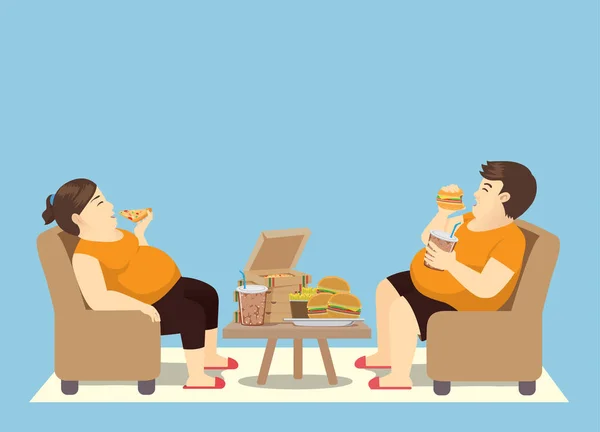 Hombre Gordo Comiendo Exceso Con Mucha Comida Rápida Mesa Ilustración — Archivo Imágenes Vectoriales