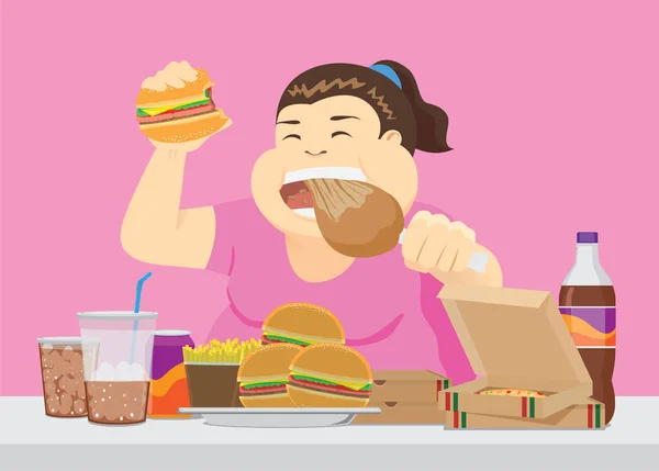 Dikke Vrouw Genieten Met Een Heleboel Fastfood Tafel Illustratie Overeten — Stockvector