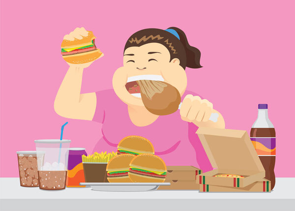 Толстая женщина наслаждается с большим количеством фаст-фуда на столе. Иллюстрация о переедании
.