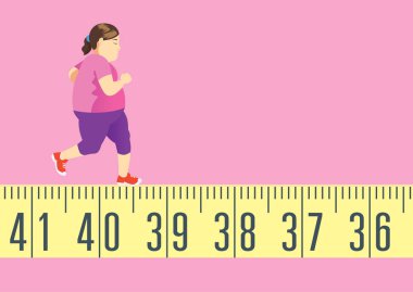 Şişman kadın tape ölçmek için çalışan şeklinde olsun ve kilo. Bu egzersiz kavramdır.