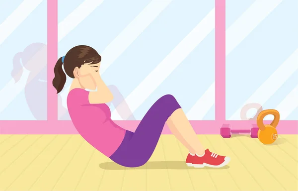 健康的女人锻炼在健身房的地板上做紧缩锻炼 关于健身的说明 — 图库矢量图片